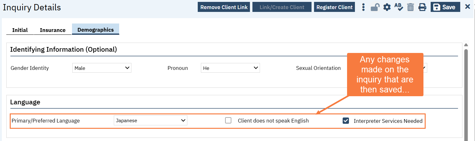Changing client data on the inquiry